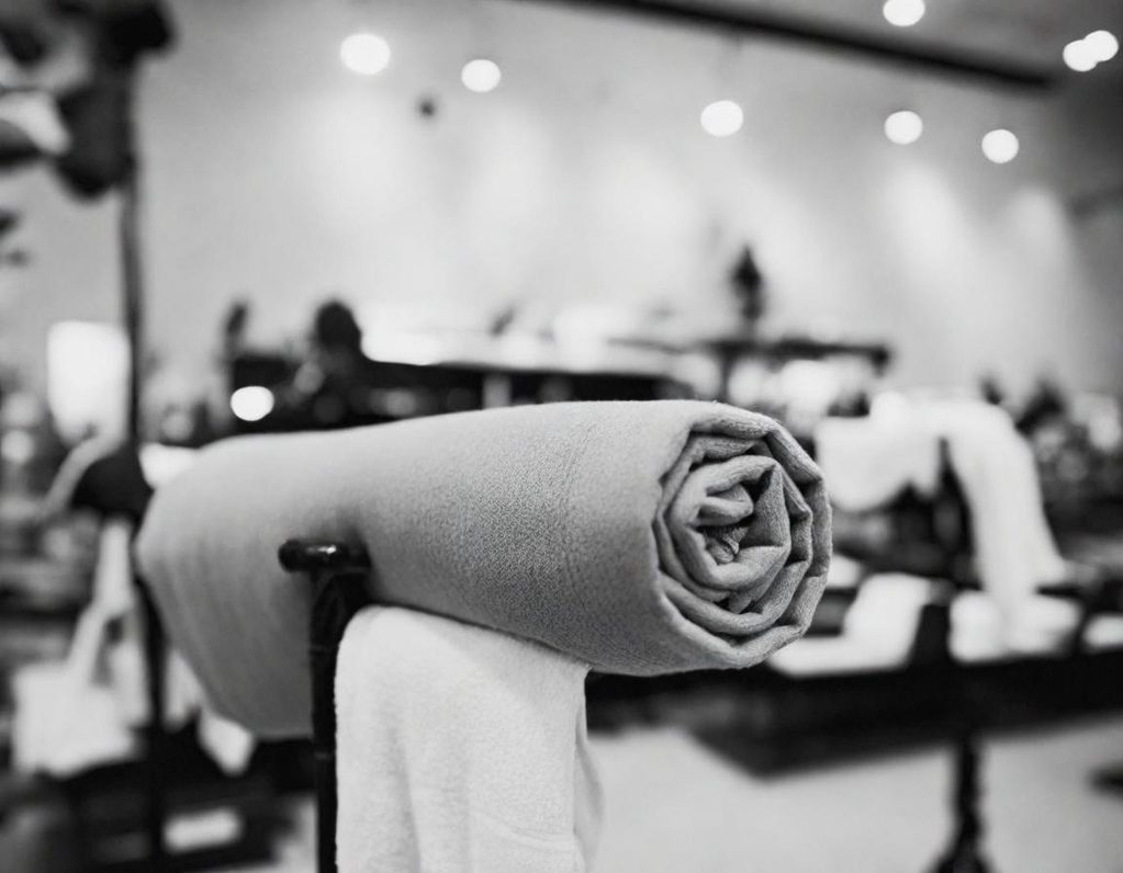 Flexibler Miet Service für Handtücher in NRW Gerolltes Handtuch auf einem Ständer in einem hell erleuchteten Event Raum.