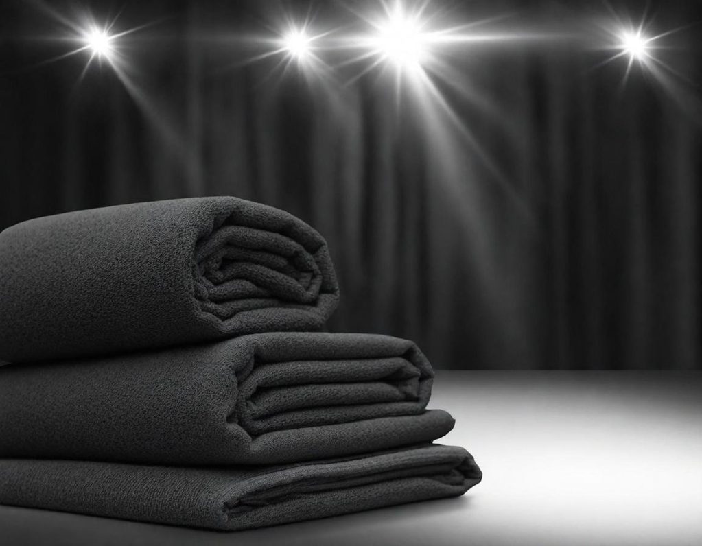 Hochwertige Vermietung von Handtüchern in NRW Drei gefaltete schwarze Handtücher liegen auf einer Bühne