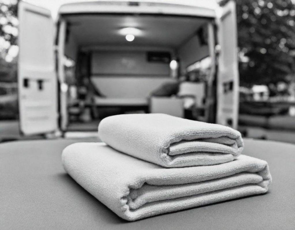 Zuverlässige Lieferung von Handtüchern Gestapelte Handtücher auf einem Tisch, im Hintergrund ein Transporter.